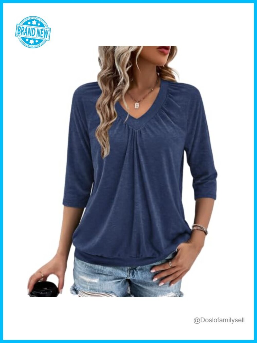 Women's 3/4 Sleeve V-Neck Ruched Hem Tunic Top Casual Blouse
